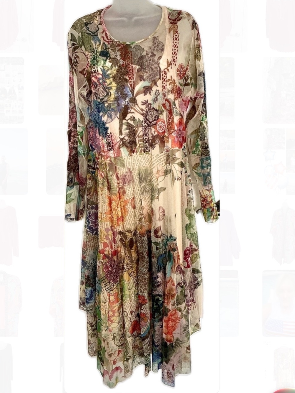 Johnny Was STUNNING Floral Multicolor Long Sleeve MIDI Dress - Cream Base